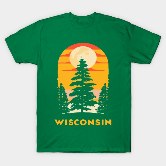 Wisconsin Tourism Trees and Sunset Graphic T-Shirt by BlueLine Design